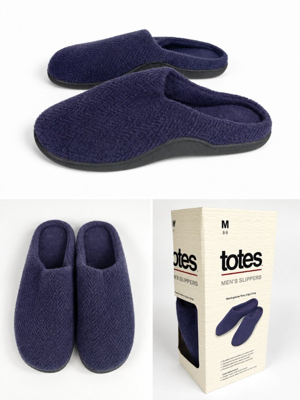 Totes Textured Herringbone Terry Ergo Clog Slippers NAVY Slip On Size Medium 8-9